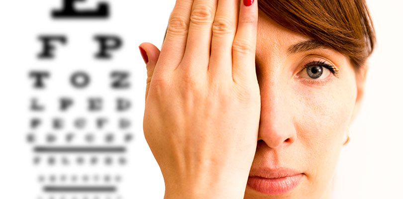 Young woman is covering his face with hand and checking his vision. Chart for eye sight testing in background.